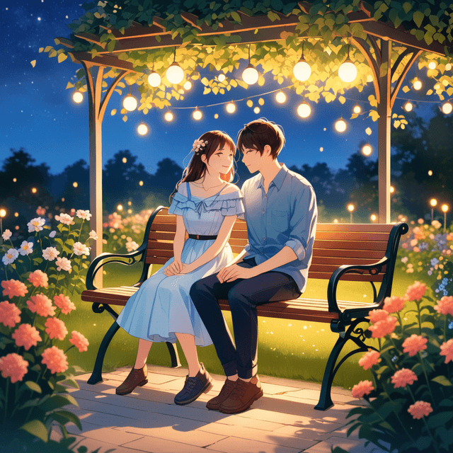 romantic couple sitting in bench of garden  in evening 9:16 ratio image anime