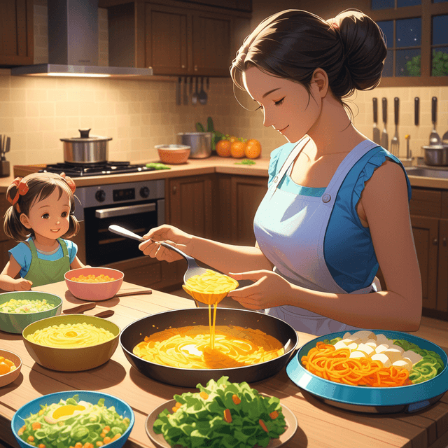 mother is preparing meal for the little girl and it is all glow foods anime