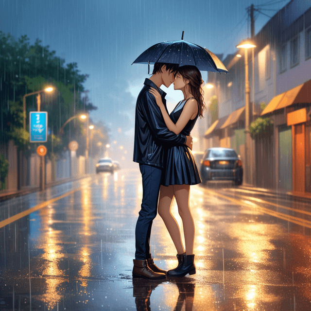 A romantic scene of a young couple embracing and kissing in the rain, standing in  the wet road. anime