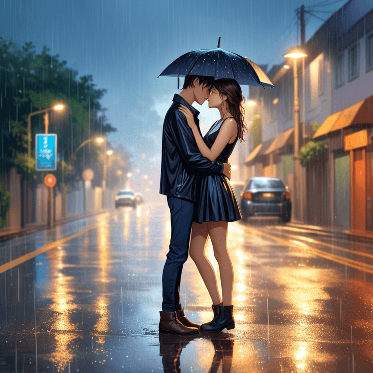 A romantic scene of a young couple embracing and kissing in the rain, standing in  the wet road.