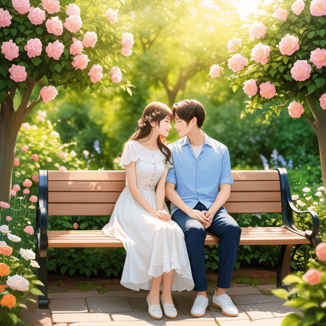 romantic couple sitting in bench of garden 9:16 ratio image anime