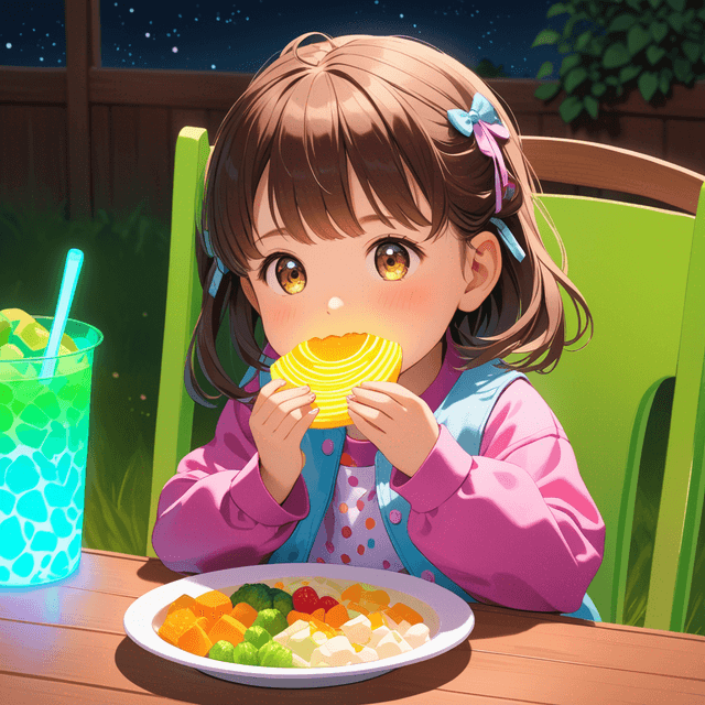 little girl eating with glow foods in the plate anime