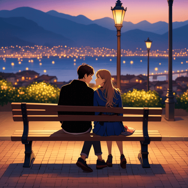 romantic couple sitting in a bench at evning time anime