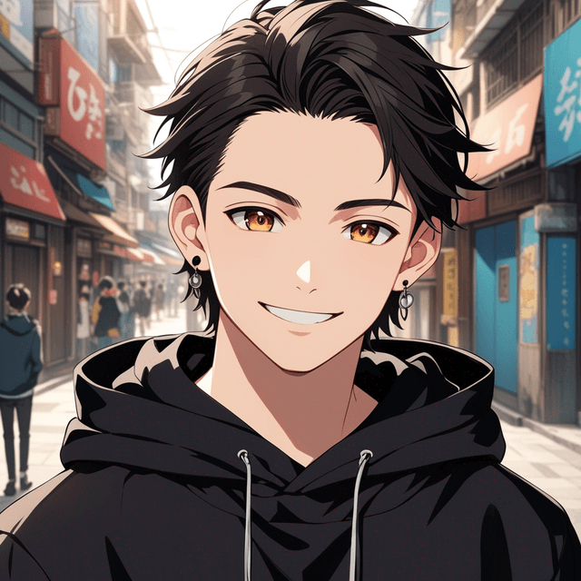 Create Anime boy wearing black hoodie with smile and facing front and wearing earrings on his ear  anime